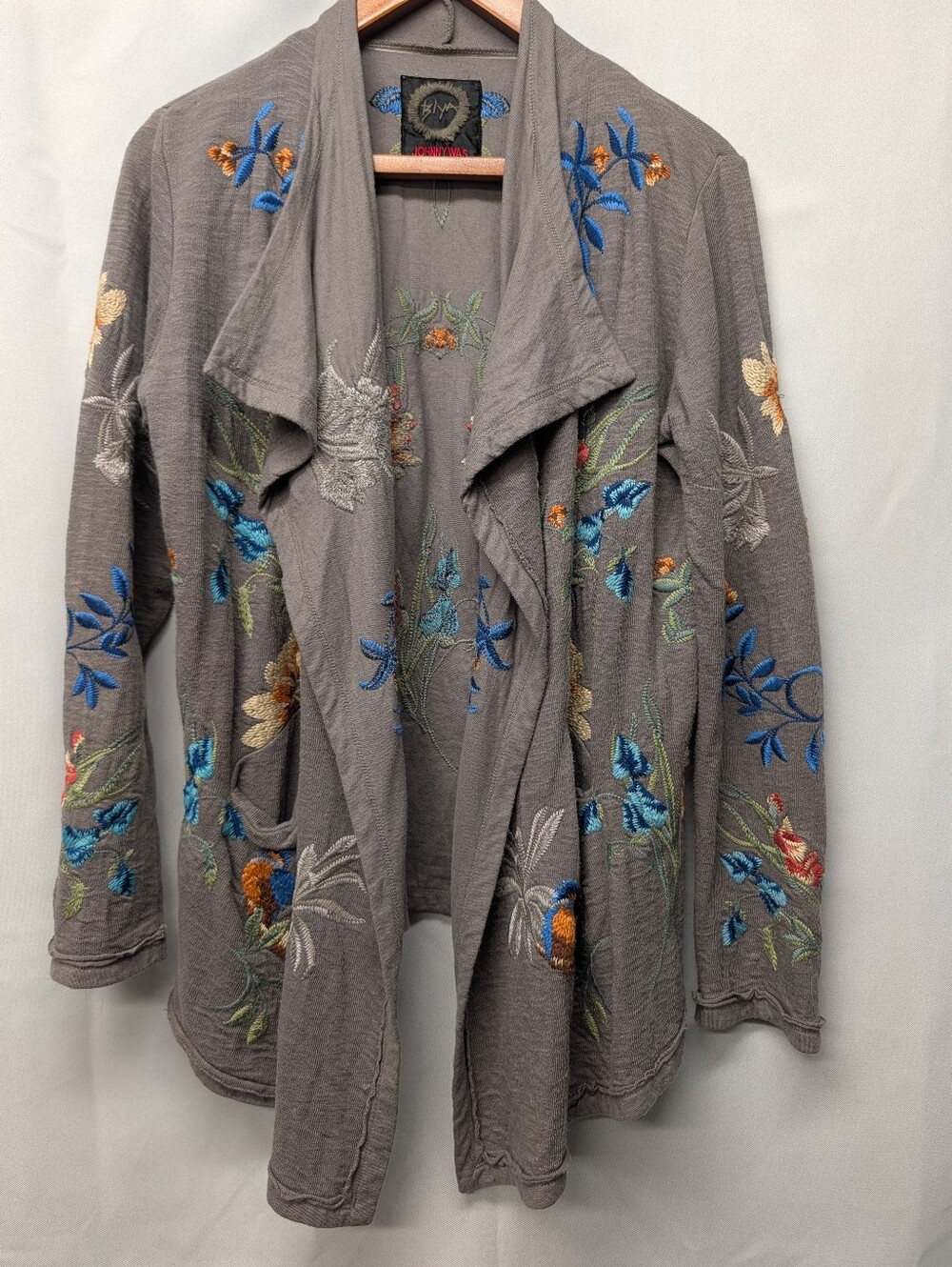 Johnny Was Biya Gray Embroidered Open-Front Sweater Cardigan, NWOT Size XS